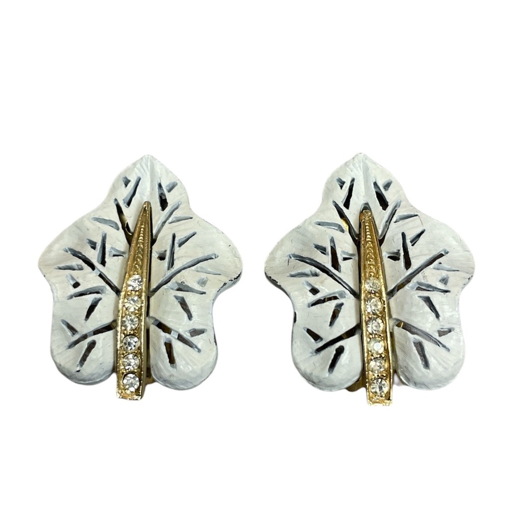 Leaf Clip Earrings Metal Painted Rhinestone